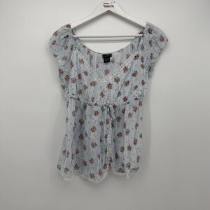 Fang Dainty Floral Striped Blue Multicolor Top Lace Trim Coquette Size Large Y2K